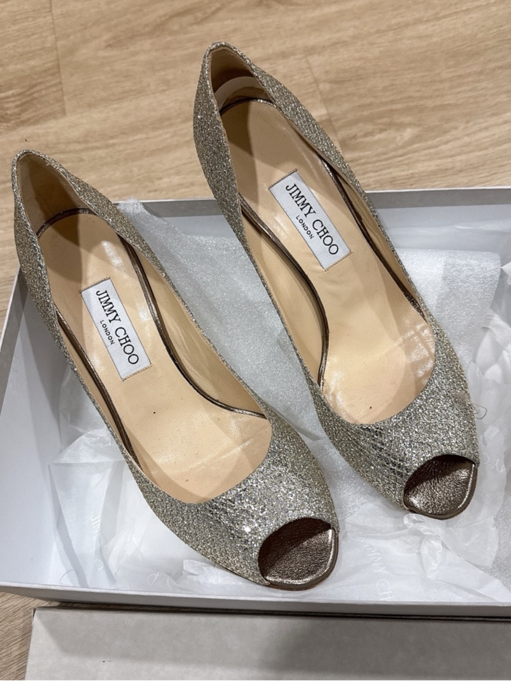 Jimmy Choo gold Glitter Peep-Toe Heels